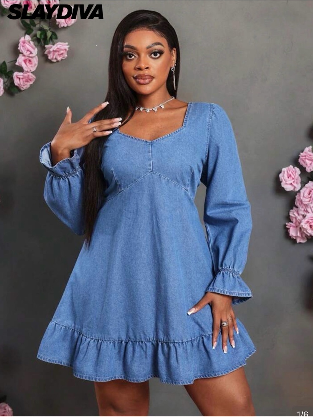 SHEIN 1X long sleeve ruffle denim dress NWOT